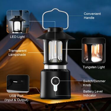 Телескопічний акумуляторний кемпінговий ліхтар, акумулятор 8000 мАг, світлодіодний кемпінговий ліхтар з 3 колірними температурами, плавне затемнення, подвійне джерело світла, суперяскравий ретро-кемпінговий ліхтар для кемпінгу, саду, походів, надзвичайних