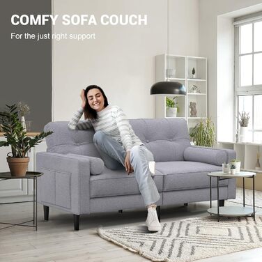 Місний диван, сучасний дизайн з товстими подушками, 2 подушки, зручний лляний диван з 2 відділеннями для зберігання речей для вітальні/спальні/офісу, легко збирається невеликий предмет меблів, класичний сірий, 2-