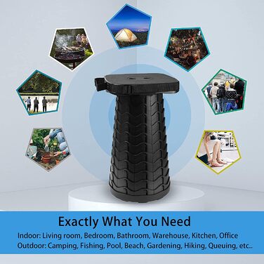 Портативний складаний стілець, телескопічний стілець, складний кемпінговий стілець для кемпінгу на свіжому повітрі, риболовлі, барбекю, використання в приміщенні, кухні, вантажопідйомність 220 кг, чорний