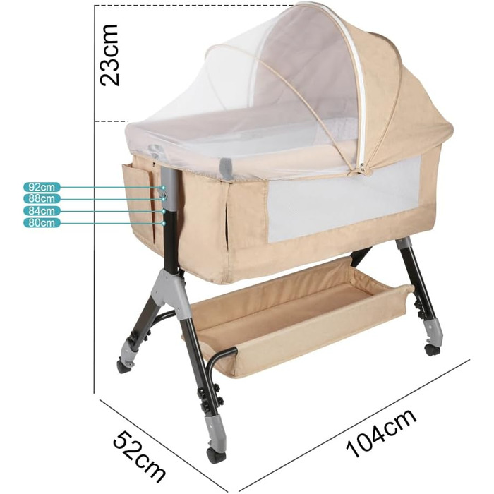 Дитяче ліжечко Kedia з москітною сіткою, дитяче ліжечко та дорожнє ліжечко з колесами, дитяче ліжечко для новонароджених, регульована висота, ліжечко в режимі сну на боці (104 x 52 x 103-115 см, бежево-білий)
