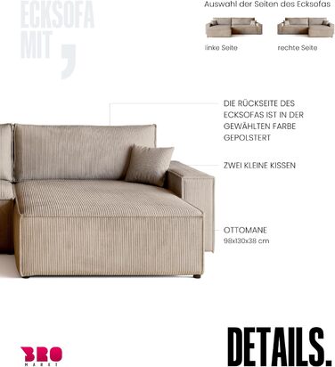 Диван з функцією сну, Диван з вельветової тканини, Короб для ліжка, Розкладний диван для вітальні, Кутовий диван, Окремостоячий, Adi XL Relax Sofa, 3-місний, 272x143x85 см, Бежевий, Дуже великий