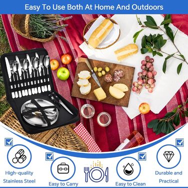 Набір посуду для кемпінгу для 4 осіб, 20 предметів, набір столових приборів для кемпінгу, нержавіюча сталь, з ложкою, виделкою, ножем, тарілкою та затискачем для кемпінгу, пікніків та подорожей, сріблястого кольору