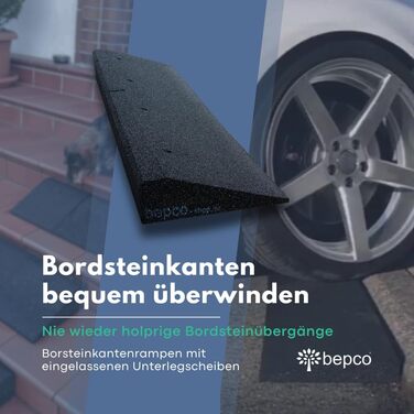 Бордюрний пандус Bepco, 100 × 25 × 10 см — гумовий заїжджий поріг із вбудованими шайбами для кріплення (чорний)