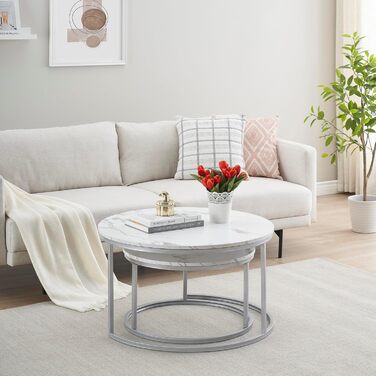 Круглий журнальний столик з мармуру Hitsuki, білий столик для вітальні, комплект із 2 круглих журнальних столиків, срібний бічний столик з металевим каркасом, столик для вітальні, білий мармур та срібний журнальний столик