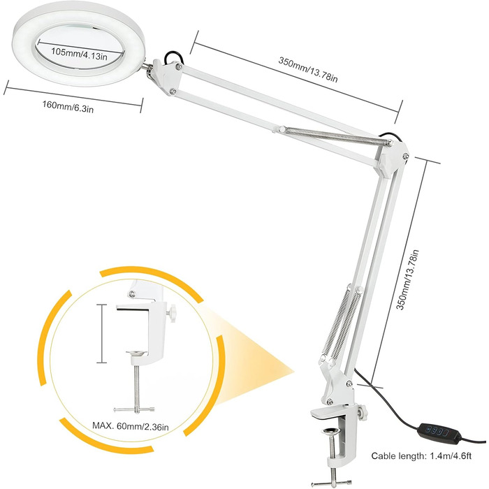 Гнучка лупа зі світловою підставкою Настільна лампа Світлодіодна лупа з можливістю затемнення 8 шт. Світлодіоди з поворотною рукою 3 колірні режими та 10 рівнів яскравості Лампа лупи Косметична лампа (більша, біла)