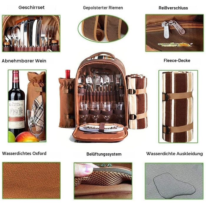 Рюкзак для пікніка Hap Tim на 4 особи з відділенням-холодильником, знімним тримачем для пляшок/вина, флісовою ковдрою, набором тарілок та столових приборів, ідеально підходить для активного відпочинку, спорту, походів, кемпінгу, барбекю (EU-3065) Коричнев