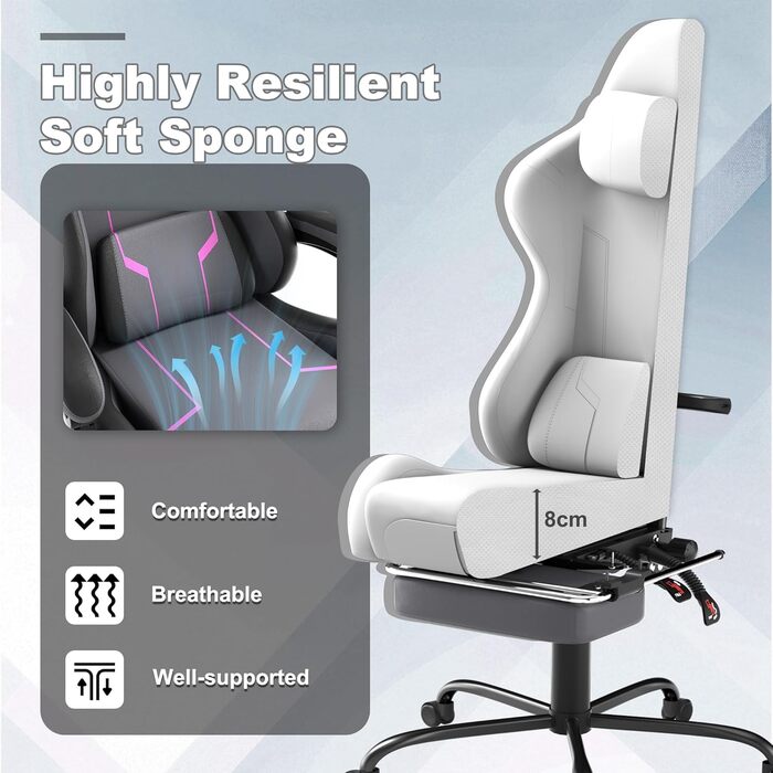 Ергономічне ігрове крісло UISEBRT з масажем та підставкою для ніг, зручне ігрове крісло, регульована спинка, підголівник та масажна поперекова подушка - сірий, чорний та фіолетовий