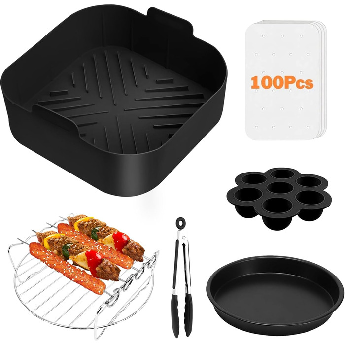 Аксесуари для фритюрниці з силіконовою формою NATNAV 21 см, аксесуари для фритюрниці Силіконовий горщик Багаторазова фритюрниця Силіконова каструля для Philip XL 6.2 л, COSORI 5.5 л/4.7 л, Cecotec 6 л, аксесуари для фритюрниці 6 шт.