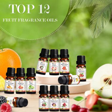 Набір ефірних олій SALKING, 12x10 мл 100 органічна ароматична олія для дифузора, журавлина, персик, полуниця, кавун, інжир, кокос, грейпфрут, лайм, ананас, манго, солодкий апельсин, маракуйя