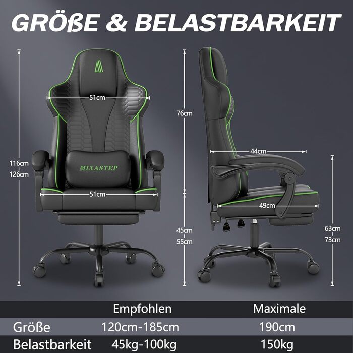 Ергономічне ігрове крісло, офісне крісло з підставкою для ніг, регульоване по висоті та нахилу, надзвичайно широке сидіння (51 см), ергономічна поперекова опора, вантажопідйомність до 150 кг, зелений колір
