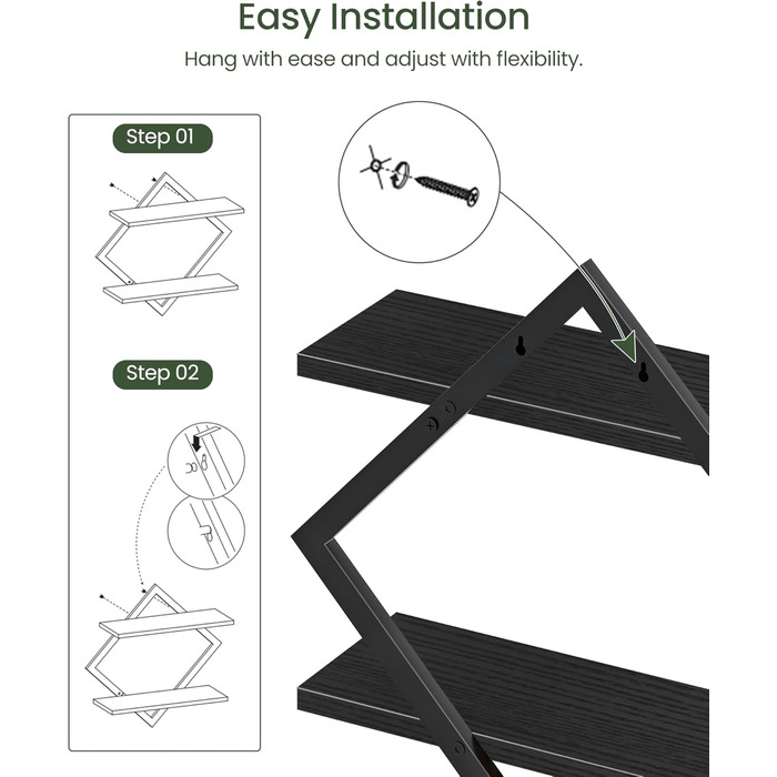 Настінна полиця, комплект з 2 шт., плаваюча полиця, 2-рівневі підвісні полиці, для вітальні, спальні, кухні, офісу, чорна DTBJ01P2BB 2 Чорний