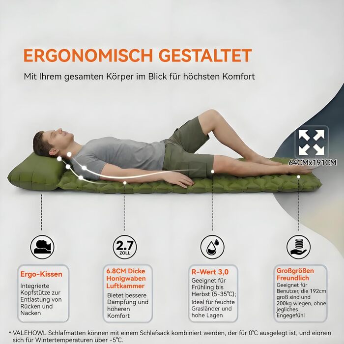 Надлегкий надувний килимок для кемпінгу 800 г R-значення 3.0 на 4 сезони, міцний водонепроникний надувний матрац для походів, трекінгу, використання на природі у військових цілях, зелений, одномісний