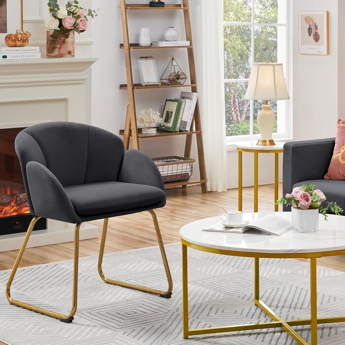 Сучасний обідній стілець Yaheetech, кухонний стілець у формі квітки, м&39яке крісло із золотистими металевими ніжками, для вітальні/їдальні, темно-сірий, темно-сірий поліестер