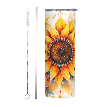 Кухоль з прямою трубочкою, 590 мл, жовтий соняшник, друкований олією, дорожній кухоль, підходить для кемпінгу, офісу та дому