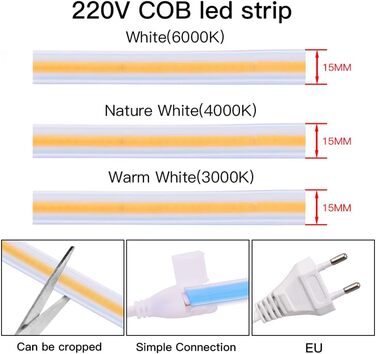 Світлодіодна стрічка pcning COB Супер яскрава 20М 220В 230В IP67 Водонепроникна, 280 світлодіодна/м Світлодіодна стрічка 6000K Холодна біла стрічка (20, холодний білий) Холодний білий 20 метрів