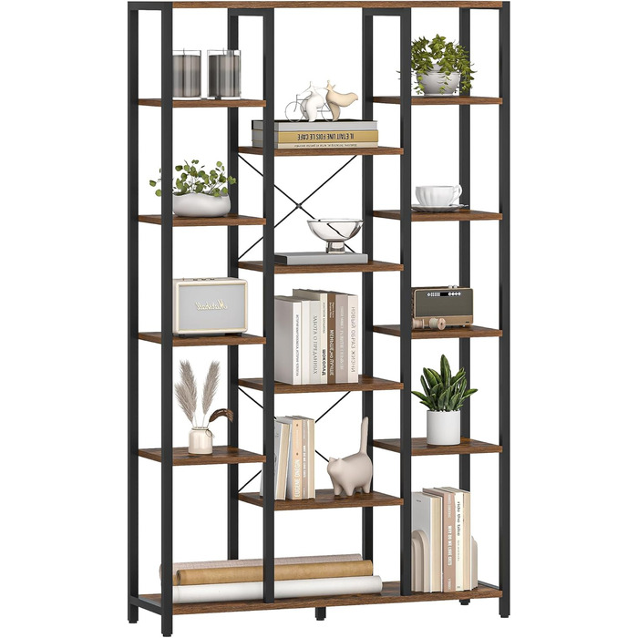 Книжкова полиця Hzuaneri, стояча полиця з 6 рівнями та 15 полицями, регульовані відкриті полиці, для вітальні, офісу, спальні, 30 x 100 x 170 см, вінтажний коричнево-чорний, BC15001B 30 x 100 x 170 см вінтажний коричнево-чорний