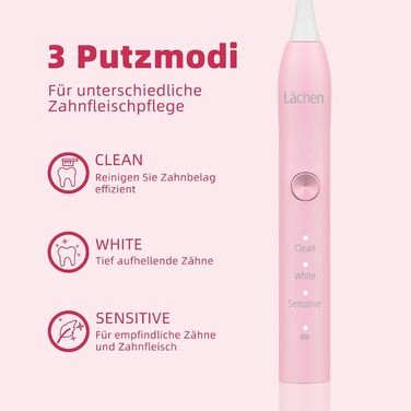 Електрична зубна щітка Lchen, 3 режими, електрична звукова зубна щітка, дорожній футляр, 4 насадки для щітки, 2-хвилинний таймер, USB-зарядка на 60 днів, водонепроникна зубна щітка IPX7, рожева