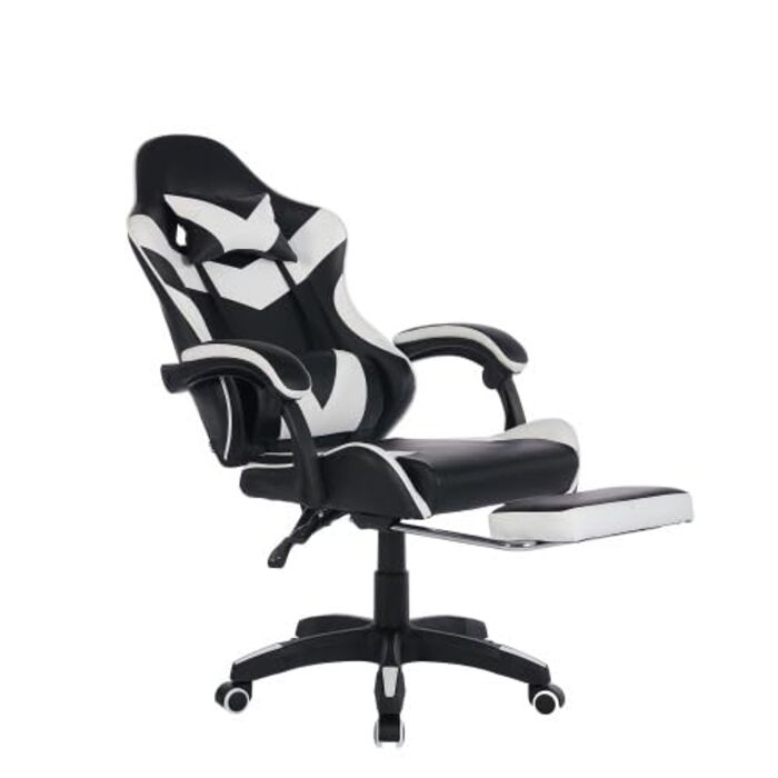 Сучасне ігрове та офісне крісло, регульоване по висоті робоче крісло з підголівником, поперековою опорою та підставкою для ніг поворотний шарнір на 360, вантажопідйомність 150 кг мінімалістичний дизайн білого кольору