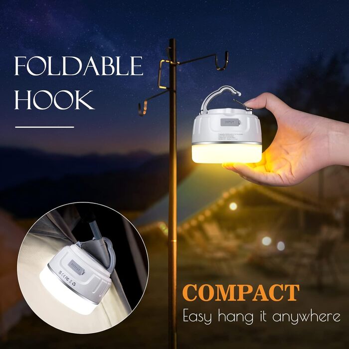 В-1 акумуляторний кемпінговий ліхтар та портативний зарядний пристрій 5200 мАг - захист IP65, надзвичайно яскравий магнітний світлодіодний ліхтар для кемпінгу, роботи в наметі на свіжому повітрі, походів, надзвичайних ситуацій, білого кольору, 2-