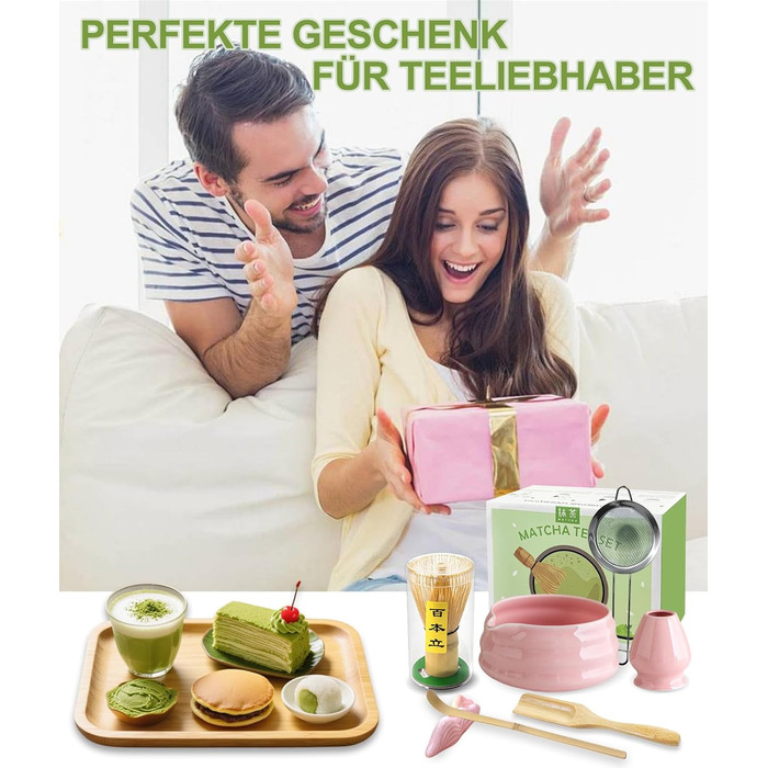 Набір для матча Рожева Гармонія (7 предметів) бамбуковий вінчик (часен) та підставка, чаша для матча з носиком, ситечко, ложка та підставка, японський набір для чаю матча для поціновувачів рожевий з носиком