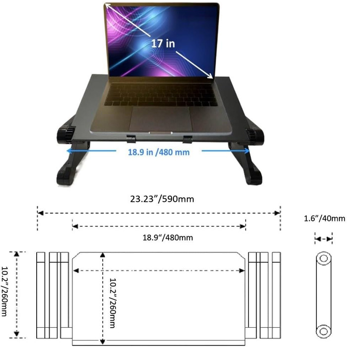 Регульований складаний столик для ноутбука MacBook Air/Pro, Dell HP та інших, портативний, багатофункціональний, ергономічний, з вентиляцією, підставка для планшета/телевізора, тримач для книг, 480*260 мм (стандартний), чорний
