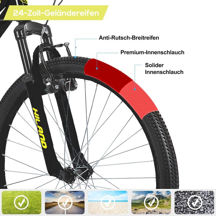 Дитячий велосипед Hiland Climber 24 дюйми, 7-швидкісний дитячий гірський велосипед, молодіжний MTB з амортизаційною вилкою, V-brakes, гірський велосипед для хлопчиків та дівчаток, чорний/синій/м&39ятно-зелений/рожевий