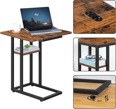 С-подібний бічний столик HOOBRO, розкладний диван-столик, журнальний столик, столик для перекусу з полицею для зберігання, вузька тумбочка для вітальні, спальні, металевий каркас, темно-коричневий EBF29SF01 темно-коричневий чорний