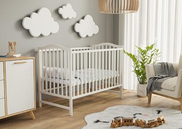 Дитяче ліжко ms factory Paris 120x60 см Дитяче ліжко з регульованою висотою з масиву дерева Ліжечко з безпечним лаком на водній основі Трансформоване дитяче ліжко зі знімними поручнями, біле