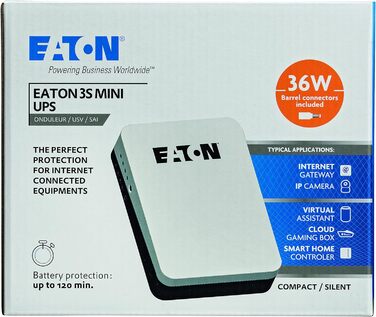 ДБЖ Eaton 3S Mini UPS 36 Вт 9/12/15/19 В постійного струму - ідеально підходить для захисту інтернет-маршрутизаторів (наприклад, FRITZ Box), IP-камери, домашні помічники та контролери розумного дому - White & Black Mini UPS / 36 Вт / 9-12-15-19 В постійно