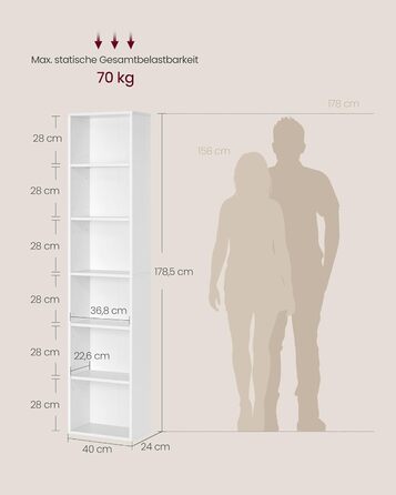 Книжкова полиця VASAGLE, 6-ярусна, відкрита полиця для зберігання, окремостояча полиця, 24 x 40 x 178,5 см, для вітальні, домашнього офісу, їдальні, хмарно-білий LBC167T14 6 ярусів (40Ш x 178,5В см) хмарно-білий