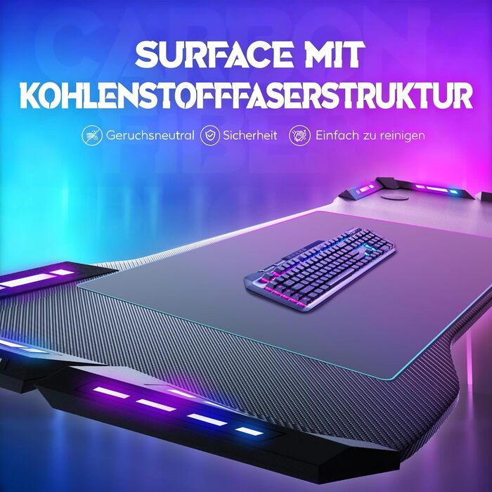 Ігровий стіл зі світлодіодним підсвічуванням та вуглецевим волокном, ергономічний комп&39ютерний стіл з RGB-підсвічуванням, ігровий стіл з Y-подібними ніжками, ПК-стіл з тримачем для навушників - чорний, 120x60x75 см