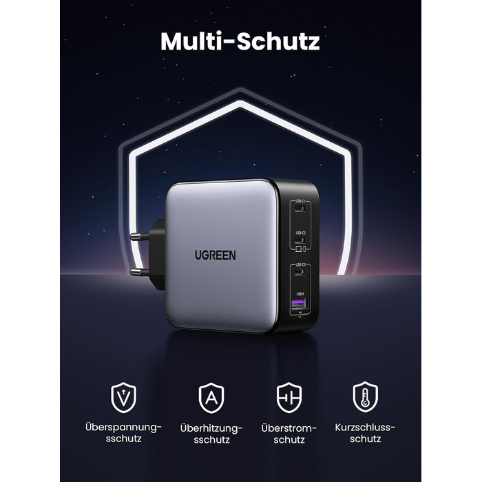 Зарядний пристрій GaN USB C Блок живлення 4 порти Зарядний пристрій PD з PPS сумісний з MacBook Pro, iPhone 16 Pro Max/16 Pro/15 P