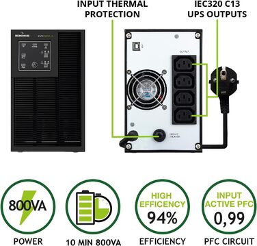 Джерело безперебійного живлення Tecnoware UPS EVO DSP PLUS 3600 - онлайн-технологія, монтажна вежа - 8 виходів IEC - Автономність до 40 хв - Потужність (800 ВА, вежа)