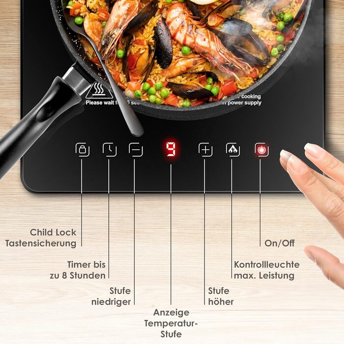 Індукційна варильна поверхня KESSER Індукційна варильна поверхня 1 тарілка 2100 Вт портативна 28 см 3 тканини з мікрофібри книга рецептів, 9 налаштувань нагріву, 8-годинний таймер, сенсорне керування, функція бустера 220-240 В Конфорки - 1