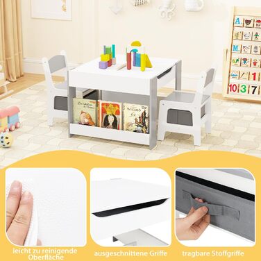 Дитячий стіл GOPLUS 4-в-1 з 2 стільцями, комплект дитячих сидінь з двосторонньою стільницею, боковими полицями та 2 тканинними коробками для зберігання, компактні дитячі меблі для малювання, читання та ігор (сірі) з полицею та коробками сірого кольору, 2.