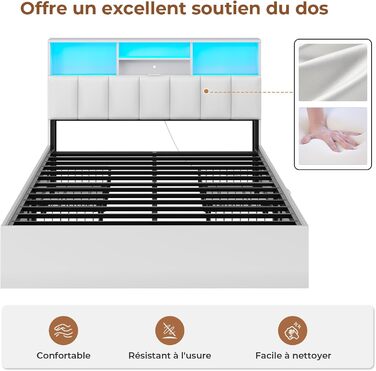 Ліжко AOGLLATI 140200 см, М&39яке ліжко із зарядною станцією та світлодіодним освітленням, Двоспальне ліжко з місцем для зберігання речей та узголів&39ям для зберігання речей, 4 шухляди, Рейкова основа, без матраца (для матраца 140 x 200 см), Білий 140 x 