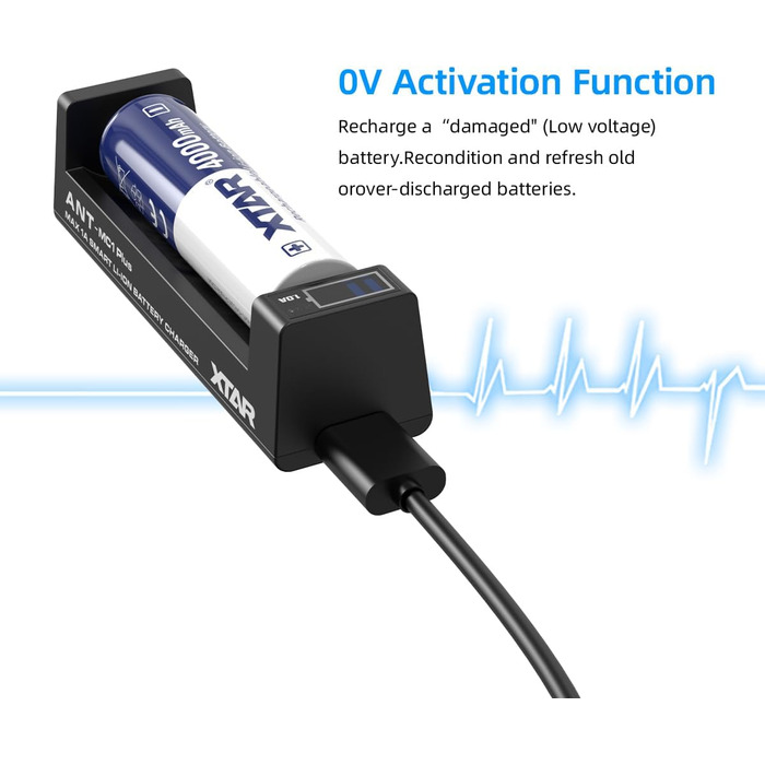 Зарядний пристрій XTAR MC1 Plus USB-C для літій-іонних акумуляторів 18650, 21700, 26650, 14500, 18350 - розумний зарядний пристрій 0,5A/1A з РК-дисплеєм, активацією 0V, відновленням після перерозряду, швидкою зарядкою через USB-C