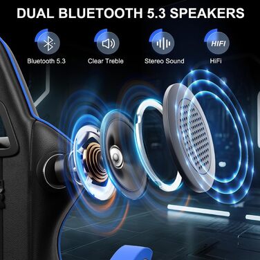 Геймерське крісло з Bluetooth-динаміками, ергономічне ігрове крісло з підголівником та поперековою опорою, регулювання висоти та кута нахилу, комп&39ютерне крісло для дітей, підлітків та дорослих (чорне/синє) Чорне/синє з динаміками
