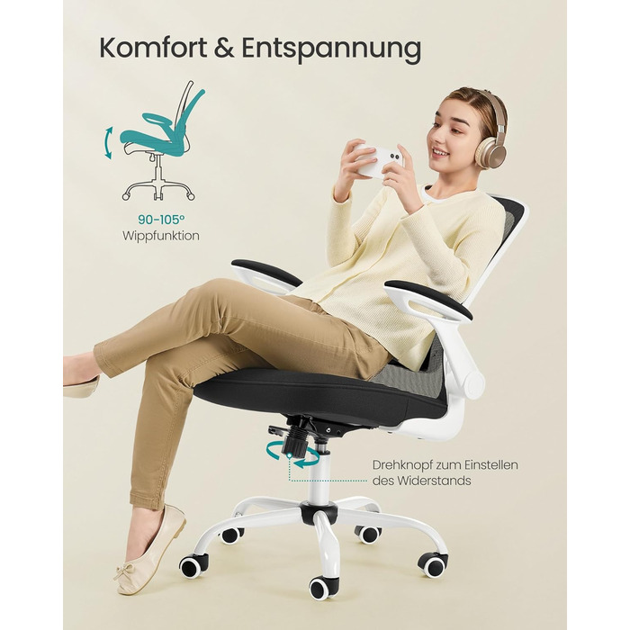 Ергономічне офісне крісло SONGMICS, обертове крісло з сіткою, поперекова підтримка, функція гойдання, розмір сидіння 53 см, складні підлокітники, для роботи та спальні, для студентів, чорно-біле OBN37WT чорний білий без підголівника