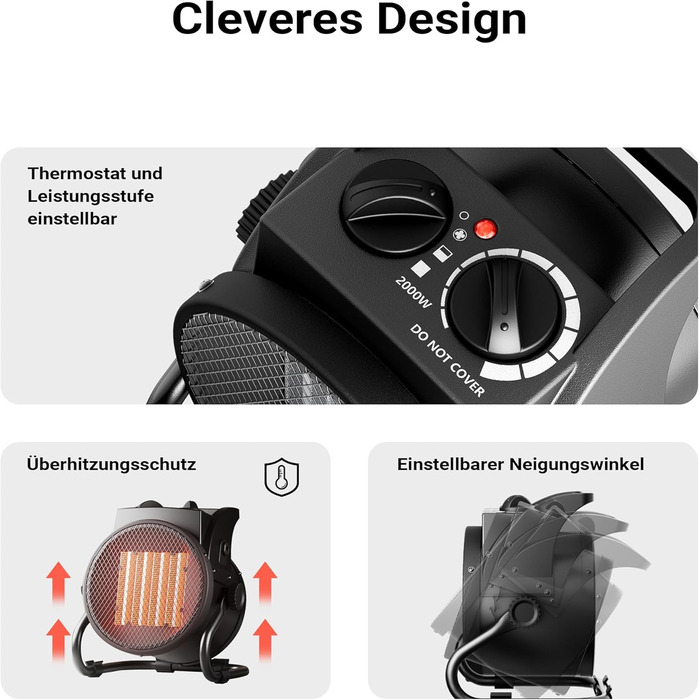 Керамічний обігрівач Wiltec потужністю 3 кВт, 3000 Вт з термостатом, вентилятор площею 40 м, 3 рівні потужності