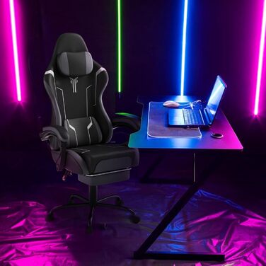 Ігрове крісло Froadp з масажем, підставкою для ніг та підголівником, ергономічне ігрове крісло з масажною поперековою подушкою, регульована спинка 90-135, шкіра штучна - чорний, сірий та білий