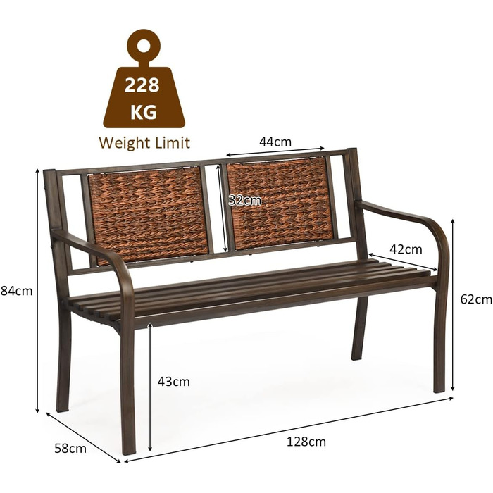 Садова лавка GIANTEX металева атмосферостійка, балконна лавка паркова 2-місна, вантажопідйомність до 228 кг, лавка для тераси з підлокітниками та спинкою з ротанга, лавка для саду, балкона, тераси, 128x53x84см, коричнева
