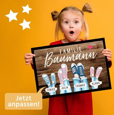 Персоналізований сімейний килимок для дверей до 4 дітей, принт на кросівках, кольори, що налаштовуються, нековзний та миється, чорний, 60x40 см, сімейне взуття, чорний