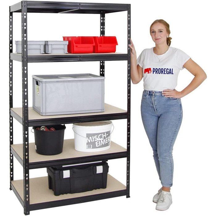 Надміцний стелаж Tiger Black 180x100x60 см, загальне навантаження 1365 кг. Стелаж для підвалу, стелаж без болтів, гаражний стелаж, стелаж для зберігання 180x100x60 см 5 полиць чорного кольору