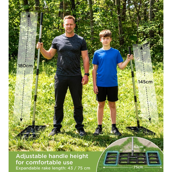 Вирівнювач для газону 75x25 см з регульованою ручкою, граблі-рівняльник з нержавіючою сталевою ручкою 180 см, міцний та енергозберігаючий вирівнювач для саду, подвір'я, гольф-поля, легке вирівнювання піску та ґрунту 75 x 25 см