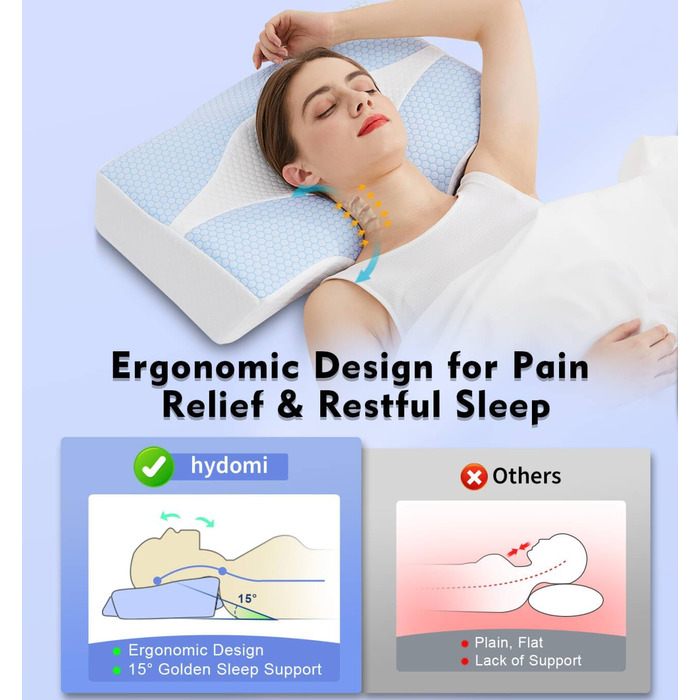 Подушка для шиї з піни з ефектом пам&39яті для полегшення болю в шиї, контурна подушка для сну, ортопедична з наволочкою для сну на боці, спині та животі, охолоджувальна O2-синьо-біла