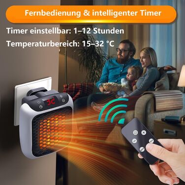 Підключається до мережі, електричний настінний вентиляторний обігрівач потужністю 800 Вт з термокерамічною технологією Цифровий термостат, 12-годинний таймер, керамічний нагрівальний елемент PTC, підходить для ванної кімнати, спальні та офісу