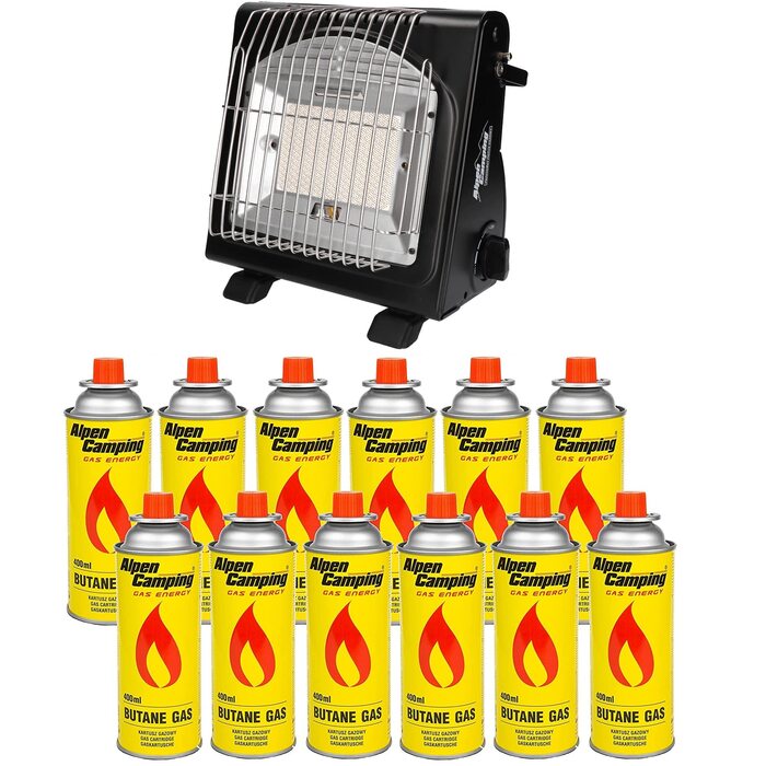 Портативний газовий обігрівач Alpen Camping IK1100, витрата газу 124 г/год, п&39єзорозпал (газова духовка 12 картриджів по 400 мл)
