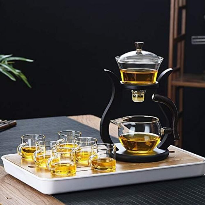 Набір для чаю Ледачий Кунг-Фу RORA зі скляним чайником, магнітним водопроводом, обертовою кришкою та напівавтоматичним механізмом, дерев'яний дизайн