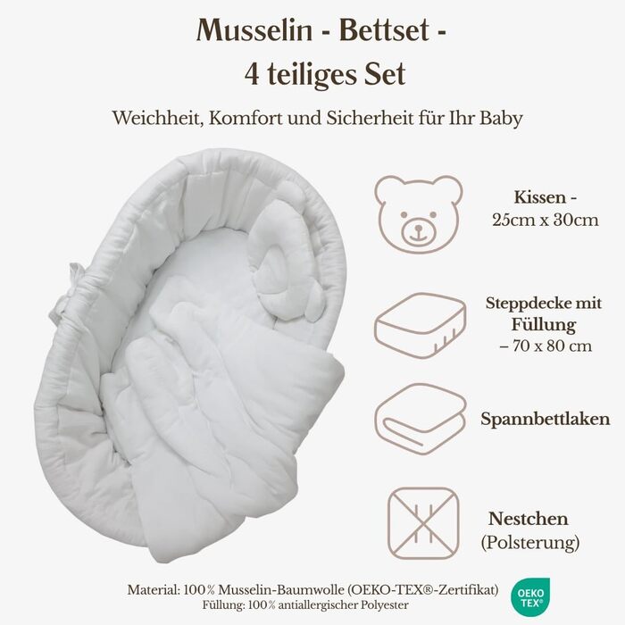 Дитяча колиска з колесами та гальмами Білий кошик Moses з натуральної верби, включаючи матрац та білу постільну білизну зі 100 бавовни, сертифікована Oeko-Tex безпечна та мобільна Модель Amelia